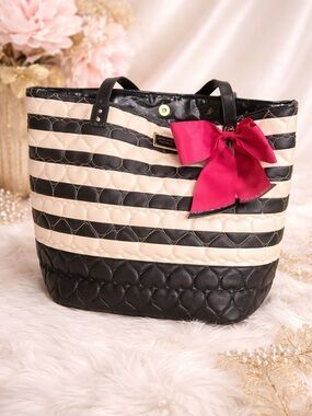 Betsey Johnson Striped Black and Cream Tote with Pink Bow